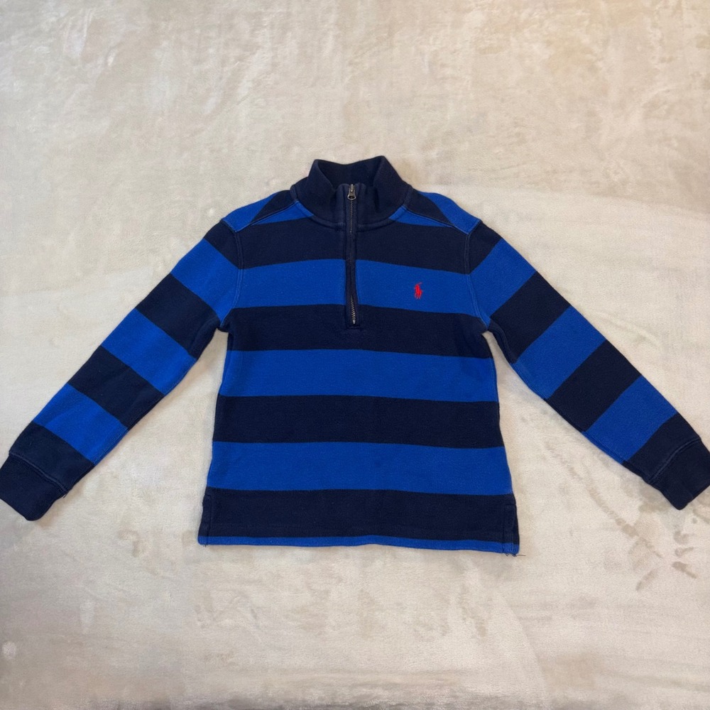 Polo Ralph Lauren Boys Blue Striped Quarter Zip Sweater Size 5 Red Pony Logo